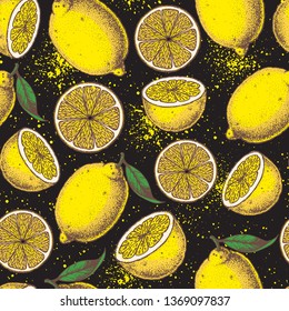 Lemon seamless pattern. Fresh citrus background. Hand drawn vector illustration. Organic food, citrus design template. Colored illustration