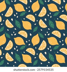 Lemon seamless pattern. Lemon fruit. Organic vitamins and healthy nutrition. Flat design, doodle style. Graphic texture. Vector