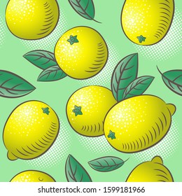 Lemon seamless pattern. Lemon fruits with leaves. Engraved style vintage botanical background. Can be use for design menu, packaging, recipes, market products.