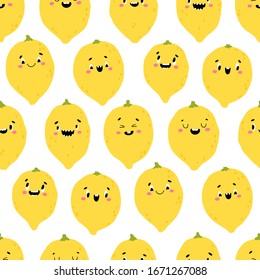 Patrón limón sin fisuras. Graciosos personajes amarillos con caras felices. Dibujo vectorial en estilo escandinavo simple dibujado a mano. Ideal para imprimir productos para bebés.