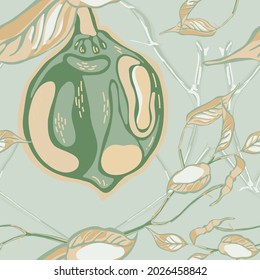 Lemon Seamless Pattern. Green and Grey Psychedelic Citron Motif. Vector Summer Citrus Print.  Modern Hand Drawn Background. Simple Marker Lime. Botanical Illustration.