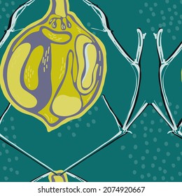 Lemon Seamless Pattern. Green and Grey  Modern Hand Drawn Background. Simple Marker Lime. Botanical Illustration. Psychedelic Citron Motif. Vector Summer Citrus Print.
