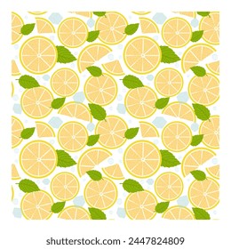 Lemon seamless pattern with green leaves, lemon slices and pieces, ice pieces. Wrapping paper, textile, vector illustration