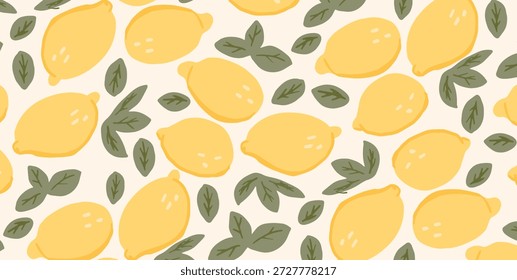 Patrón sin fisuras de limón con hojas verdes sobre fondo claro. Ilustración de cítricos frescos y coloridos. Diseño brillante del verano para envolver el papel, materia textil, decoración de la cocina, Fondo de pantalla, Anuncios, tarjetas