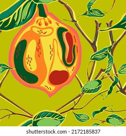Lemon Seamless Pattern. Green, Red and Yellow Psychedelic Citron Motif. Vector Summer Citrus Print.  Modern Hand Drawn Background. Simple Marker Lime. Botanical Illustration.