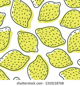 Lemon seamless pattern. Hand drawn fresh fruit. Vector sketch background. Color doodle wallpaper. Exotic yellow tropical print