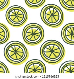 Lemon seamless pattern. Hand drawn fresh fruit. Vector sketch background. Color doodle wallpaper. Exotic yellow tropical print