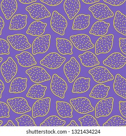 Lemon seamless pattern. Hand drawn fresh fruit. Vector sketch background. Color doodle wallpaper. Exotic tropical print. Yellow citrus