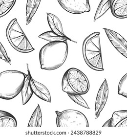 Lemon seamless pattern. Hand drawn citrus fruit