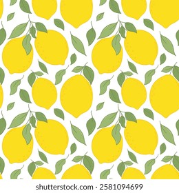 Lemon Seamless Pattern, Hand Drawn with Outline. Colorful fresh citrus, lemons pattern. Cartoon summer citrus fruit backdrop for fabrics, wallpaper, prints, juice and vitamin products.