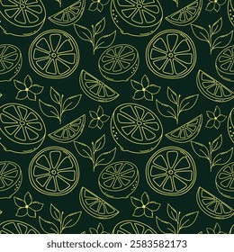 Lemon Seamless Pattern. Hand drawn outline lemon pattern design with lemon flowers, leaves, half cut lemons and lemon slices for fabrics, wallpaper