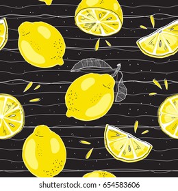 Lemon seamless pattern. Hand sketched fruits illustration. Vector design.