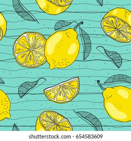 Lemon seamless pattern. Hand sketched fruits illustration. Vector design.