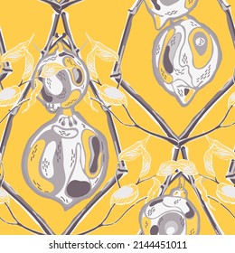 Lemon Seamless Pattern. Illuminating Yellow and Ultimate Gray Vector Summer Citrus Print. Simple Marker Lime. Botanical Illustration. Psychedelic Citron Motif.  Modern Hand Drawn Background.