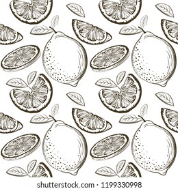 Lemon seamless pattern. Ink sketch lemons. Citrus fruit background. Elements for menu, greeting cards, wrapping paper, cosmetics packaging, posters etc