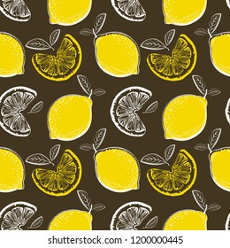 Lemon seamless pattern. Ink sketch lemons. Citrus fruit background. Elements for menu, greeting cards, wrapping paper, cosmetics packaging, posters etc