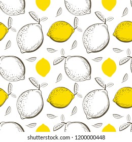 Lemon seamless pattern. Ink sketch lemons. Citrus fruit background. Elements for menu, greeting cards, wrapping paper, cosmetics packaging, posters etc