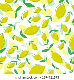 Lemon seamless pattern with leaves. Seamless pattern with citrus fruits collection. Summer design for fabric, textile print, wrapping paper, children textile. Vector illustration