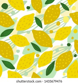 Lemon seamless pattern with leaves. Hand drawn seamless pattern with citrus fruits. Summer design for fabric, textile print, wrapping paper, children textile. Vector illustration