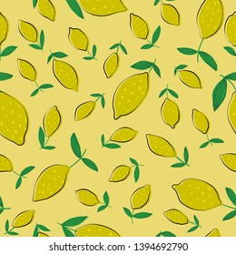 Lemon seamless pattern with leaves on yellow background. Seamless pattern with citrus fruits collection. Summer design for fabric, textile print, wrapping paper, children textile. Vector illustration