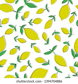 Lemon seamless pattern with leaves on white background. Seamless pattern with citrus fruits collection. Summer design for fabric, textile print, wrapping paper, children textile. Vector illustration