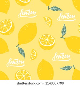 Lemon seamless pattern with lettering on yellow background. Vector illustration