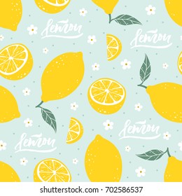 Lemon seamless pattern with lettering on blue background. Vector illustration
