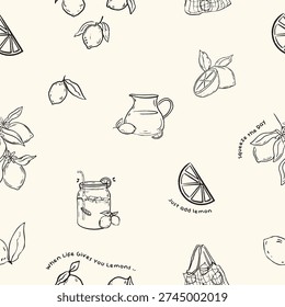 Lemon seamless pattern line art illustration on white background, minimal citrus kitchen design perfect for wallpaper, textile, fabric print, wrapping paper, packaging and modern home decor.