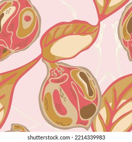 Lemon Seamless Pattern. Marigold Yellow and Red Simple Marker Lime. Botanical Illustration. Psychedelic Citron Motif. Vector Summer Citrus Print.  Modern Hand Drawn Background.