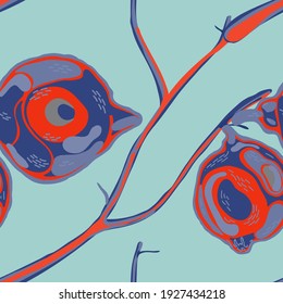 Lemon Seamless Pattern.  Modern Hand Drawn Background. Cerulean Blue, Red and Ultimate Gray Vector Summer Citrus Print. Psychedelic Citron Motif. Simple Marker Lime. Botanical Illustration.