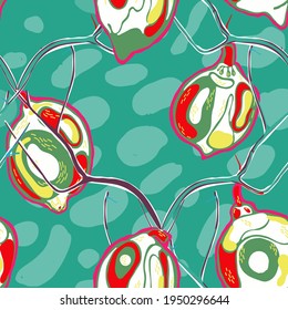 Lemon Seamless Pattern.  Modern Hand Drawn Background. Cerulean Blue, Red and Ultimate Gray Vector Summer Citrus Print. Psychedelic Citron Motif. Simple Marker Lime. Botanical Illustration.