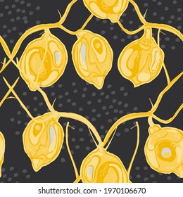 Lemon Seamless Pattern.  Modern Hand Drawn Background. Psychedelic Citron Motif. Yellow Gold Simple Marker Lime. Botanical Illustration. Vector Summer Citrus Print.