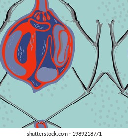 Lemon Seamless Pattern.  Modern Hand Drawn Background. Psychedelic Citron Motif. Vector Summer Citrus Print. Simple Marker Lime. Botanical Illustration. Cerulean Blue, Red and Ultimate Gray
