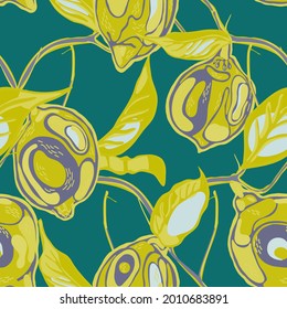 Lemon Seamless Pattern.  Modern Hand Drawn Background. Vector Summer Citrus Print. Green and Grey Psychedelic Citron Motif. Simple Marker Lime. Botanical Illustration.