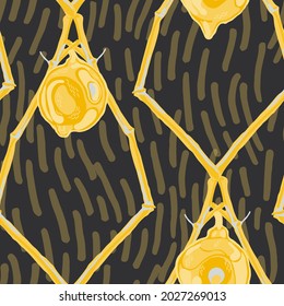 Lemon Seamless Pattern.  Modern Hand Drawn Background. Vector Summer Citrus Print. Yellow Gold Psychedelic Citron Motif. Simple Marker Lime. Botanical Illustration.