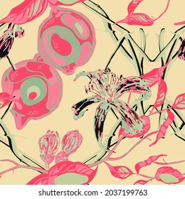 Lemon Seamless Pattern.  Modern Hand Drawn Background. Vector Summer Citrus Print. Simple Marker Lime. Botanical Illustration. Green Ash and Pink Psychedelic Citron Motif.