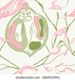 Lemon Seamless Pattern.  Modern Hand Drawn Background. Psychedelic Citron Motif. Vector Summer Citrus Print. Green Ash and Pink Simple Marker Lime. Botanical Illustration.