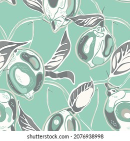 Lemon Seamless Pattern.  Modern Hand Drawn Background. Psychedelic Citron Motif. Green and Grey Simple Marker Lime. Botanical Illustration. Vector Summer Citrus Print.