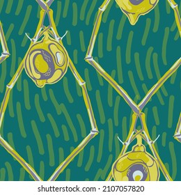 Lemon Seamless Pattern.  Modern Hand Drawn Background. Psychedelic Citron Motif. Vector Summer Citrus Print. Simple Marker Lime. Botanical Illustration. Green and Grey