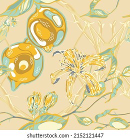 Lemon Seamless Pattern.  Modern Hand Drawn Background. Psychedelic Citron Motif. Simple Marker Lime. Botanical Illustration. Vector Summer Citrus Print. Yellow Gold