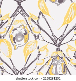 Lemon Seamless Pattern.  Modern Hand Drawn Background. Vector Summer Citrus Print. Simple Marker Lime. Botanical Illustration. Illuminating Yellow and Ultimate Gray Psychedelic Citron Motif.