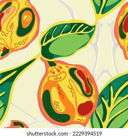 Lemon Seamless Pattern.  Modern Hand Drawn Background. Green, Red and Yellow Psychedelic Citron Motif. Simple Marker Lime. Botanical Illustration. Vector Summer Citrus Print.