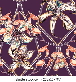 Lemon Seamless Pattern.  Modern Hand Drawn Background. Illumination Yellow and Amethyst Purple Vector Summer Citrus Print. Psychedelic Citron Motif. Simple Marker Lime. Botanical Illustration.