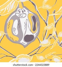 Lemon Seamless Pattern.  Modern Hand Drawn Background. Psychedelic Citron Motif. Vector Summer Citrus Print. Illuminating Yellow and Ultimate Gray Simple Marker Lime. Botanical Illustration.