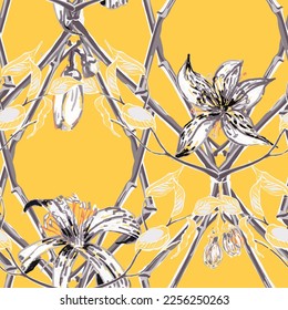 Lemon Seamless Pattern.  Modern Hand Drawn Background. Psychedelic Citron Motif. Illuminating Yellow and Ultimate Gray Simple Marker Lime. Botanical Illustration. Vector Summer Citrus Print.