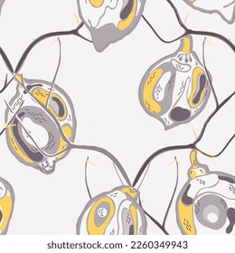 Lemon Seamless Pattern.  Modern Hand Drawn Background. Vector Summer Citrus Print. Psychedelic Citron Motif. Illuminating Yellow and Ultimate Gray Simple Marker Lime. Botanical Illustration.