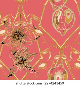 Zitronenmuster ohne Nahtlose Muster.  Moderner, handgezeichneter Hintergrund. Ringelblume Gelb und Rotes Einfaches Markerlime. Botanische Illustration. Psychedelische Citron Motif. Vektor Summer Citrus Print.