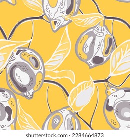 Lemon Seamless Pattern.  Modern Hand Drawn Background. Simple Marker Lime. Botanical Illustration. Vector Summer Citrus Print. Psychedelic Citron Motif. Illuminating Yellow and Ultimate Gray