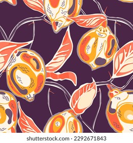 Lemon Seamless Pattern.  Modern Hand Drawn Background. Psychedelic Citron Motif. Illumination Yellow and Amethyst Purple Simple Marker Lime. Botanical Illustration. Vector Summer Citrus Print.