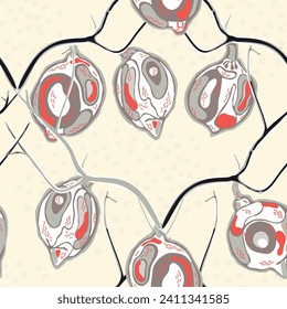 Lemon Seamless Pattern.  Modern Hand Drawn Background. Psychedelic Citron Motif. Simple Marker Lime. Botanical Illustration. Illuminating Yellow and Ultimate Gray Vector Summer Citrus Print.